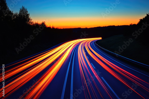 Glowing lines of light illuminate a high-speed roadway at dusk with vibrant colors and dynamic movement