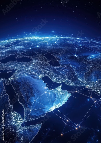 Network connections across the Earth viewed from space at night.