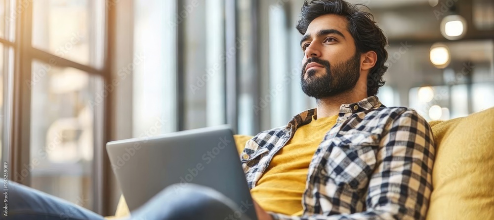 Naklejka premium Thoughtful Millennial Entrepreneur With Laptop At Home Freelancing And Remote Work Concept.