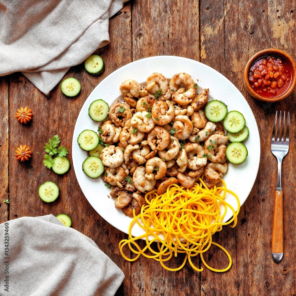 Shrimp Delight: Sautéed Shrimp with Noodles, Cucumber, and Sauce on Rustic Wood Table Shrimp Delight: Sautéed Shrimp with Noodles, Cucumber, and Sauce on Rustic Wood Table
