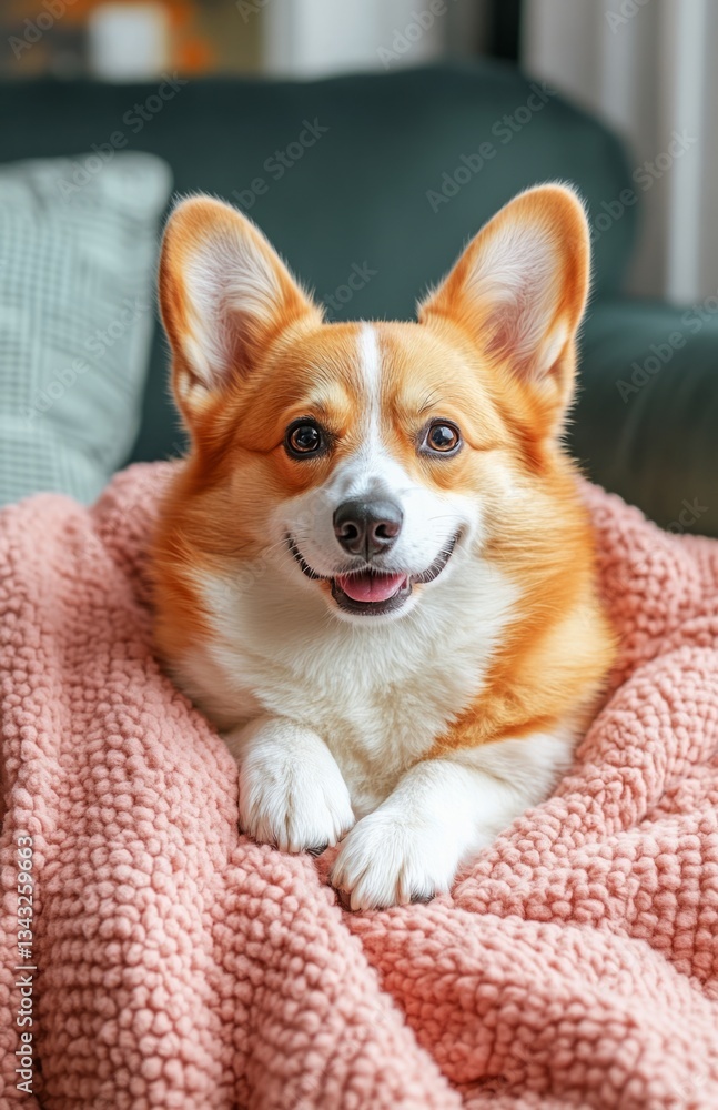 Cute corgi dog sitting on sofa under soft blanket Cute corgi dog sitting on sofa under soft blanket