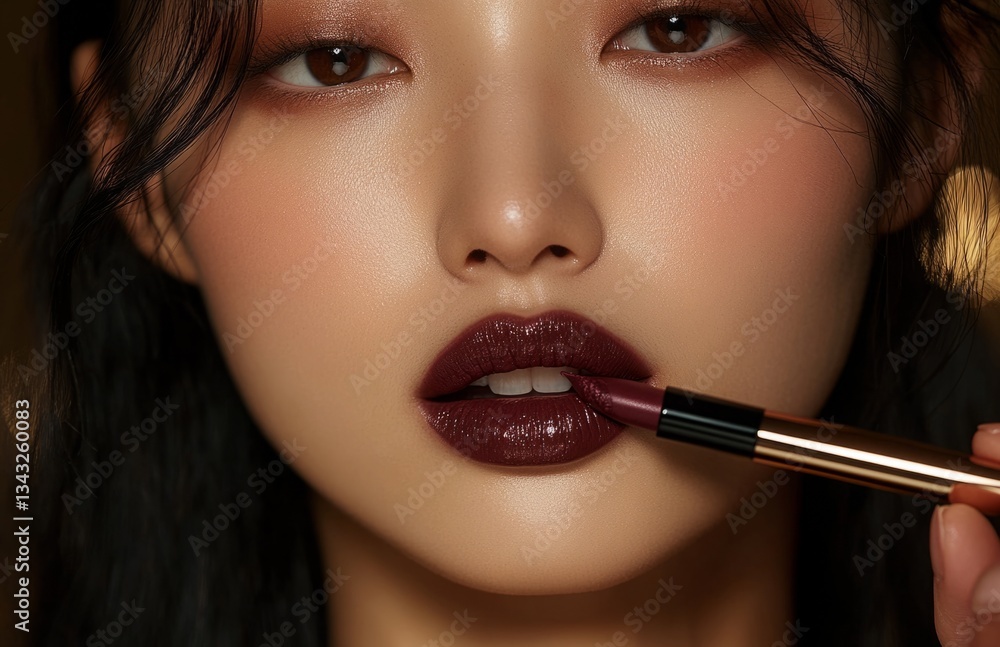 Asian woman applying dark burgundy lipstick with closed eyes Asian woman applying dark burgundy lipstick with closed eyes