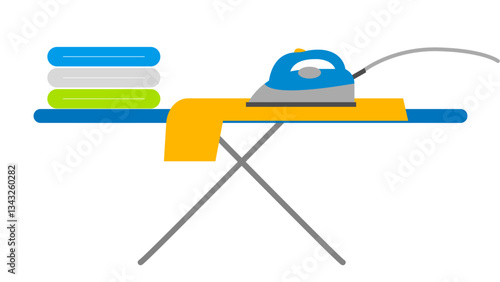 Iron steaming clothes on a metal stand and some stacked up ironed clothes