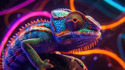 Vibrant chameleon portrait against a backdrop of neon lights, showcasing intricate scales and vivid colors.