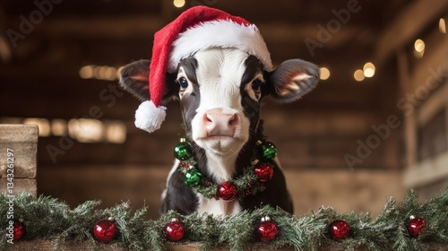 Festive calf in Santa hat and Christmas garland.