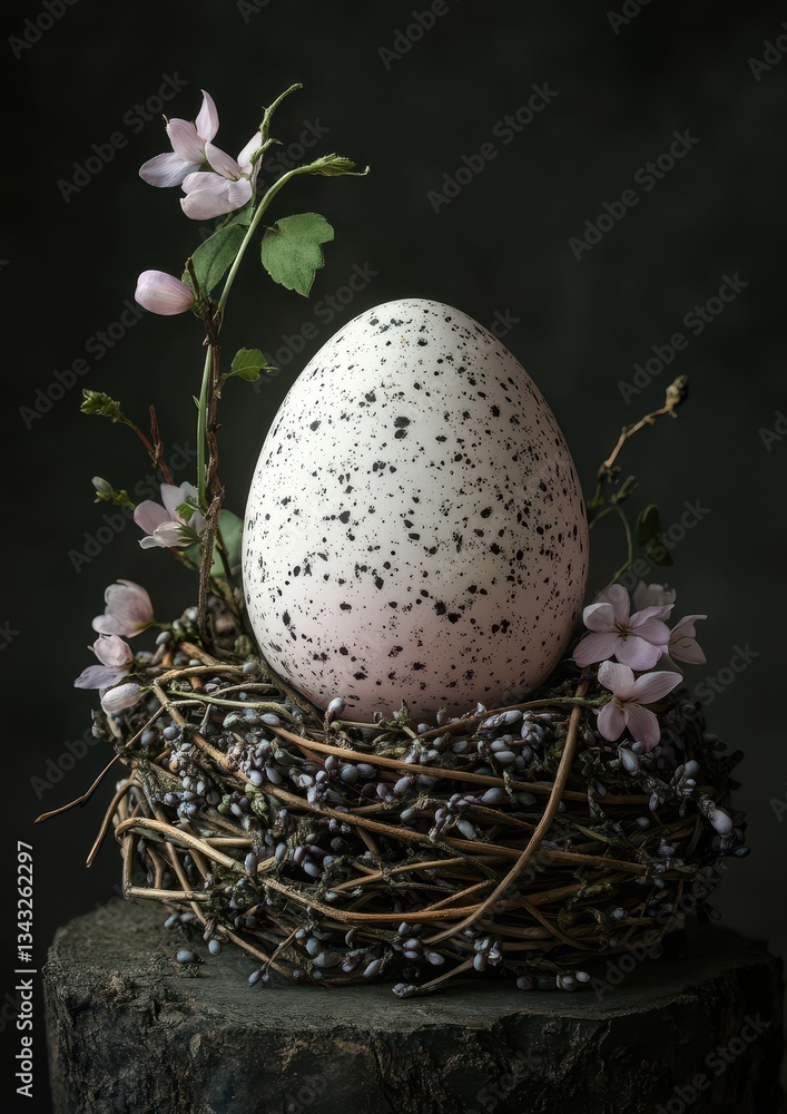 Obraz premium Speckled egg nestled in a decorative twig nest with flowers.
