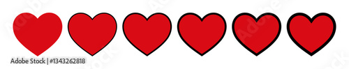 Set of heart in red color with various stroke width vector illustration isolated on white background. Flat red heart vector. Heart with different stroke intensity. Vector art