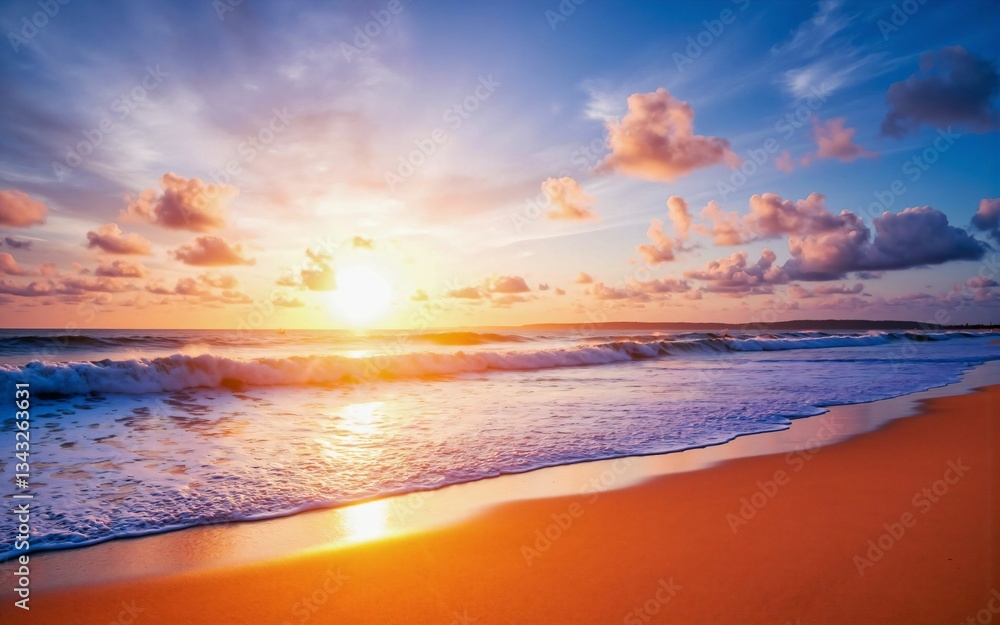 Fototapeta premium Stunning Ocean Sunset with Golden Light Reflecting on the Waves and Sandy Beach