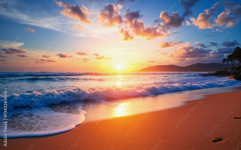 Fototapeta premium Stunning Ocean Sunset with Golden Light Reflecting on the Waves and Sandy Beach