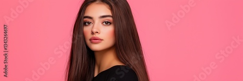 Wallpaper Mural A woman with long brown hair is standing in front of a pink background. She has a serious expression on her face Torontodigital.ca