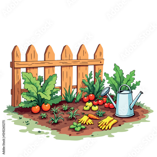 Vsai growing vegetables in backyard garden with wooden fence