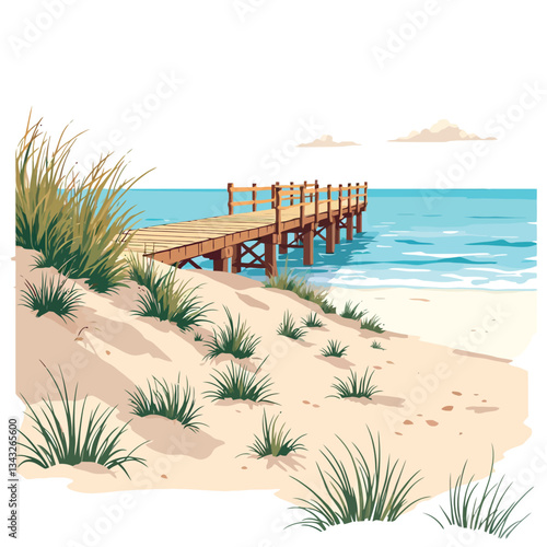 Vsai wooden pier stretching into the tranquil ocean from a sandy beach