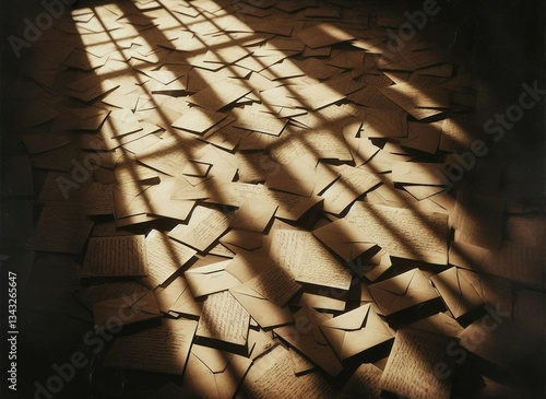 A collection of letters and envelopes lies scattered across a wooden floor, illuminated by sunlight streaming through a window, creating an atmosphere of nostalgia and memory.

