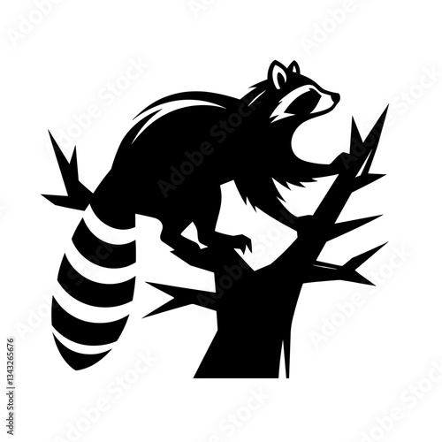 Raccoon climbing tree silhouette on white background