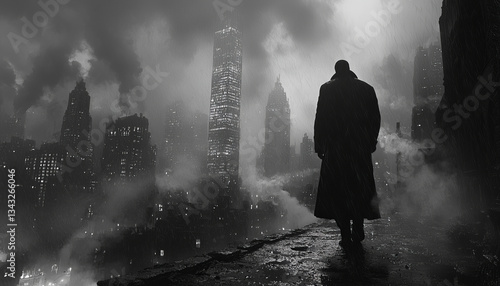 Lonely daemon walks in city, noir style. AI generative