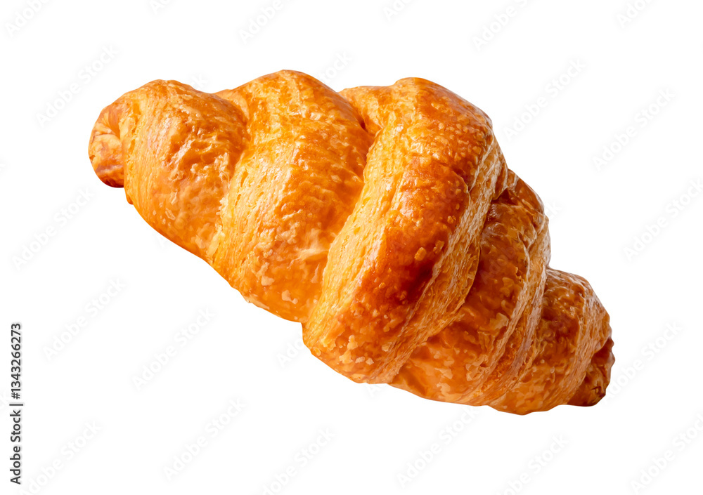 Side view of single brown or golden croissant isolated with clipping path in png file format Side view of single brown or golden croissant isolated with clipping path in png file format