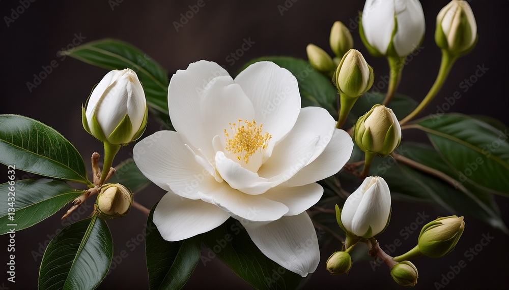 Obraz premium a white flower with delicate petals and green leaves accompanied by budding flowers