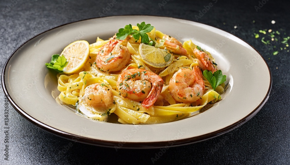 delectable shrimp pasta dish with lemon and herb sauce on a plate delectable shrimp pasta dish with lemon and herb sauce on a plate