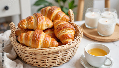 Decorative basket of fresh croissants in cozy brunch setting, inviting freshness