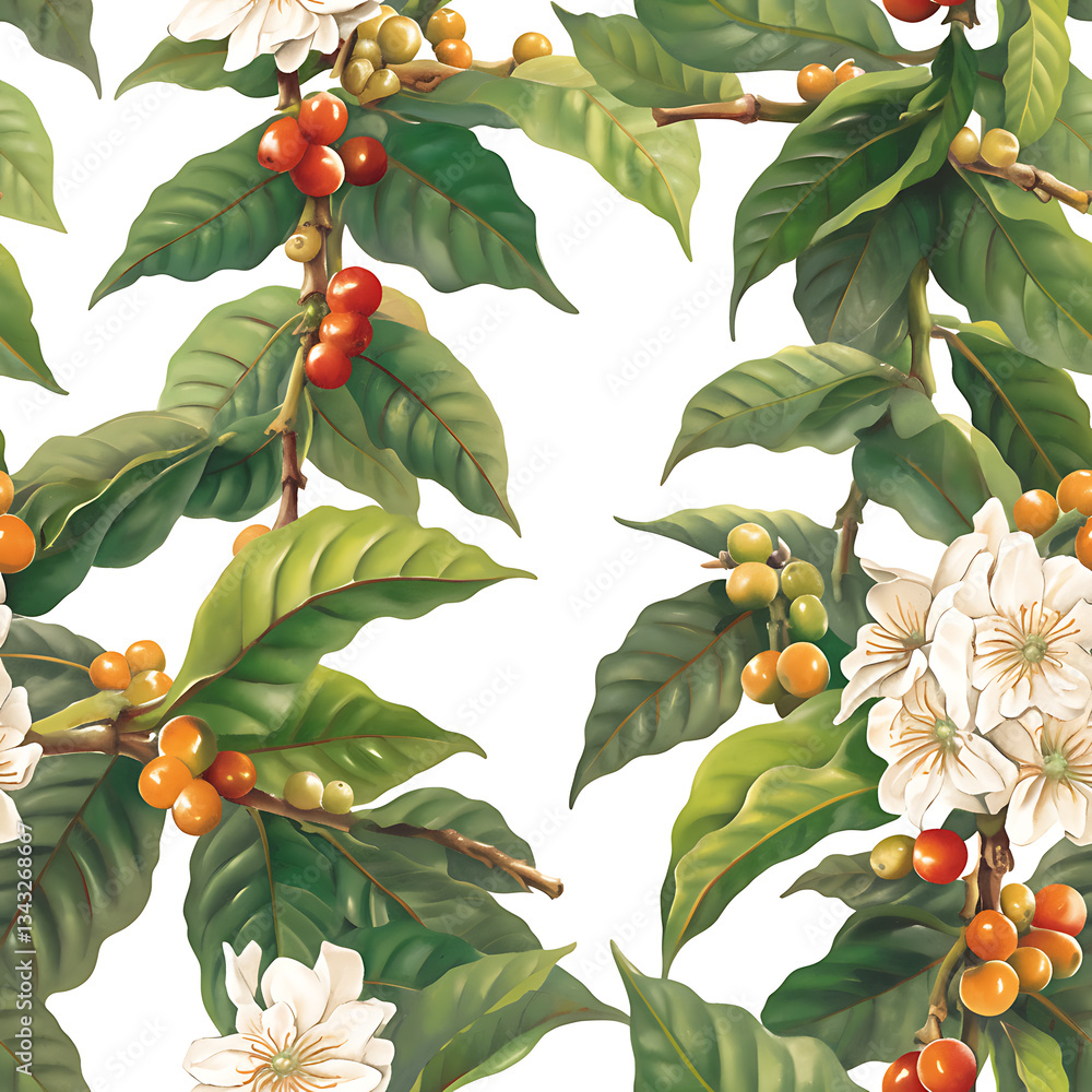 seamless pattern Realistic and artistic illustrations of coffee beans, brewing equipment, coffee cups for background or wallpaper