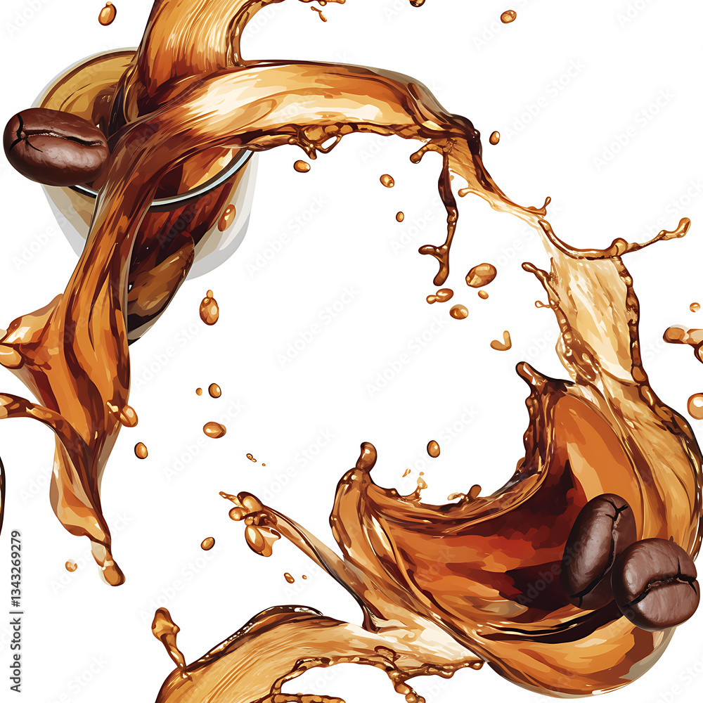 seamless pattern Realistic and artistic illustrations of coffee beans, brewing equipment, coffee cups for background or wallpaper