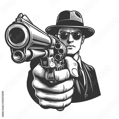 serious-faced gangster in a fedora and pinstripe suit, aiming handgun directly forward in a dramatic noir-style pose sketch engraving generative ai vector illustration. Scratch board. Black and white
