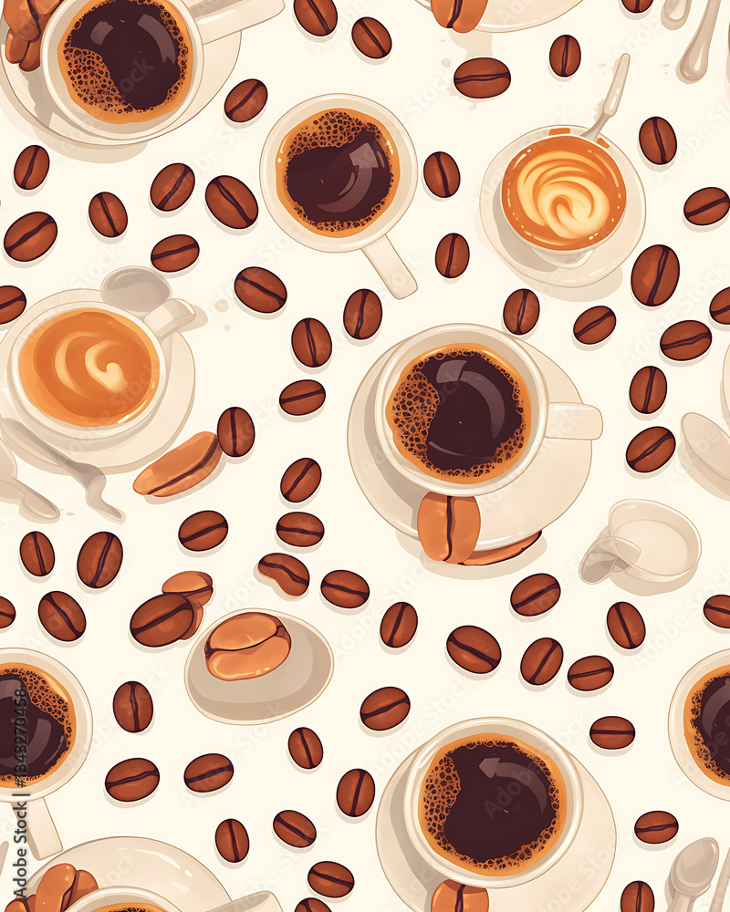 seamless pattern Realistic and artistic illustrations of coffee beans, brewing equipment, coffee cups for background or wallpaper seamless pattern Realistic and artistic illustrations of coffee beans, brewing equipment, coffee cups for background or wallpaper