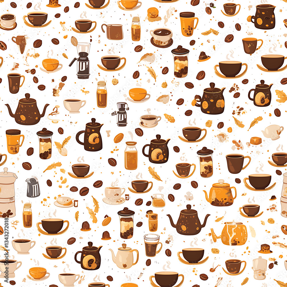 seamless pattern Realistic and artistic illustrations of coffee beans, brewing equipment, coffee cups for background or wallpaper seamless pattern Realistic and artistic illustrations of coffee beans, brewing equipment, coffee cups for background or wallpaper
