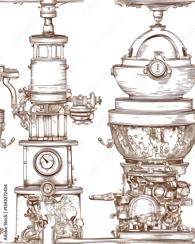 seamless pattern Realistic and artistic illustrations of coffee beans, brewing equipment, coffee cups for background or wallpaper