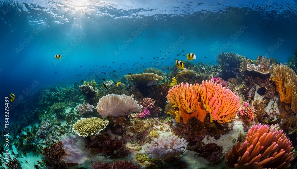 Naklejka premium vibrant coral reef teeming with diverse marine life creates a breathtaking underwater spectacle
