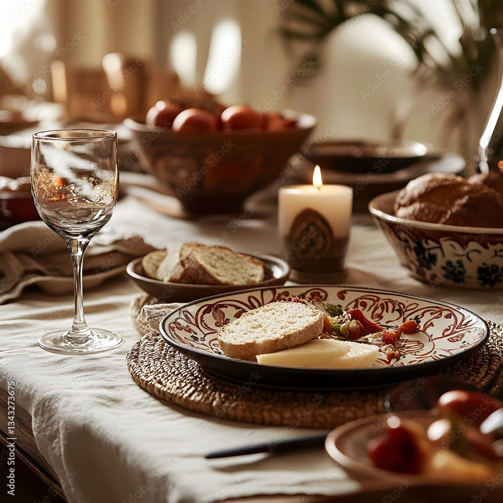 Naklejka premium a cozy dining table with bread, cheese, tomatoes, a candle, wine glass, fruit bowls, and warm lighting creating an inviting, elegant meal setting.
