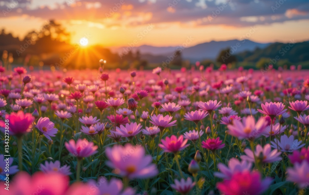 Beautiful Pink Flower Field Sunset Landscape Nature Photography bloom light image flora floral Beautiful Pink Flower Field Sunset Landscape Nature Photography bloom light image flora floral
