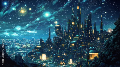 Wallpaper Mural Futuristic city skyline at night under a starry sky. Torontodigital.ca
