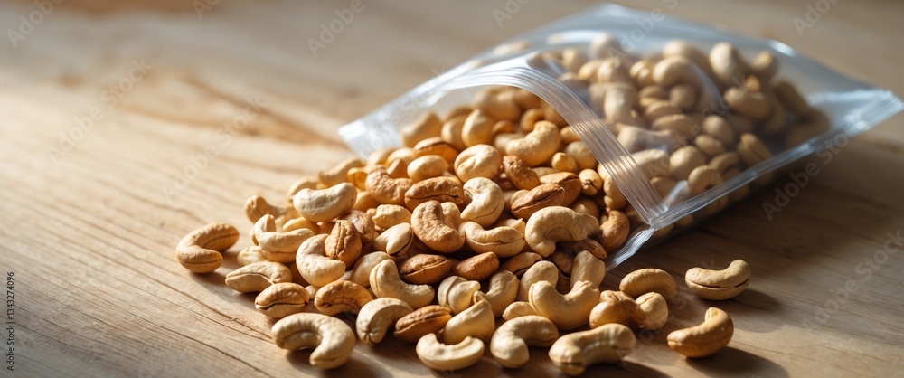 Roasted Cashews in Clear Plastic Bag on Wood. Roasted Cashews in Clear Plastic Bag on Wood.