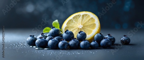 Fresh blueberries and lemons on a dark background.