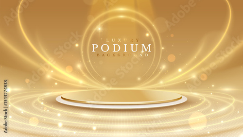 Golden empty podium on light brown background with soft neon effect and bokeh decoration. Luxury stage design concept. Vector illustration.