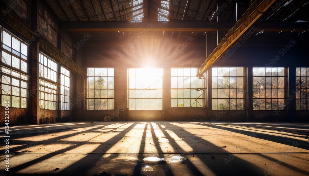 bright sunlight beams streaming through large windows in abandoned industrial warehouse creating atmospheric mood and sense of isolation bright sunlight beams streaming through large windows in abandoned industrial warehouse creating atmospheric mood and sense of isolation