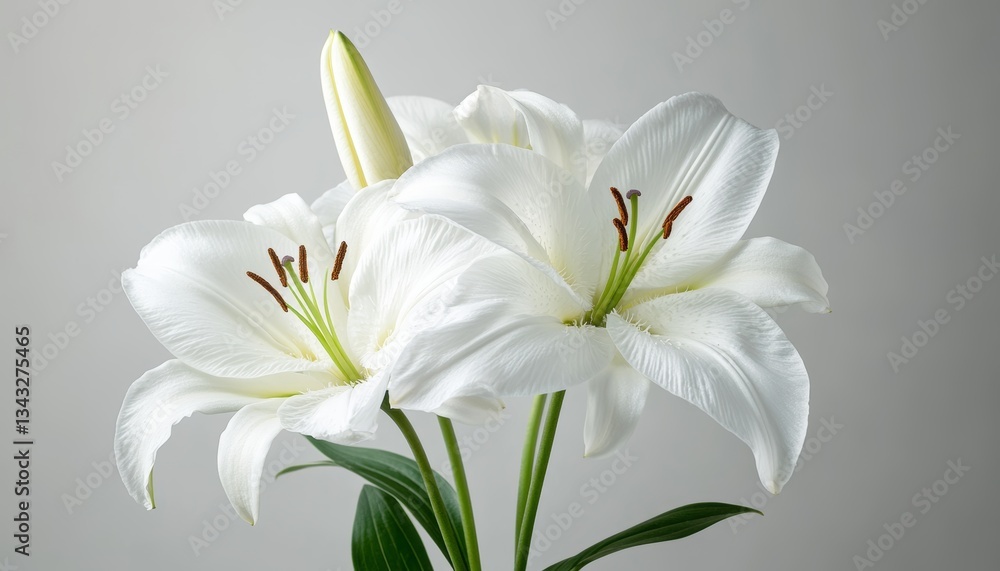 Fototapeta premium Elegant White Lilies in Bloom Three Perfect Floral Specimen on a Neutral Background
