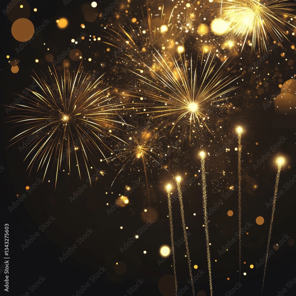 Obraz premium Golden fireworks background with sparkling light dots. 