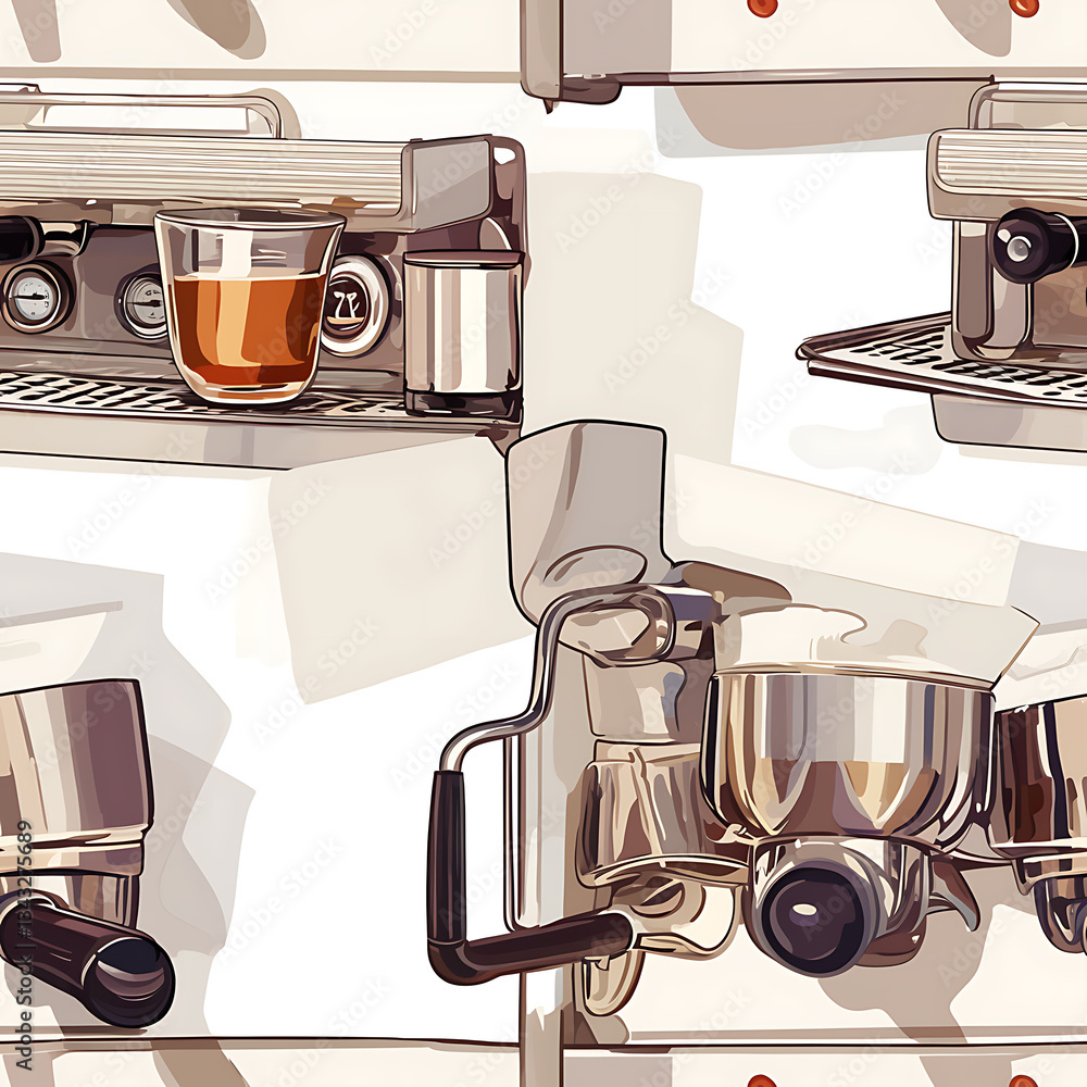 seamless pattern Realistic and artistic illustrations of coffee beans, brewing equipment, coffee cups for background or wallpaper