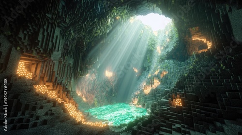 Wallpaper Mural A detailed voxel cave with light shining through an opening Torontodigital.ca