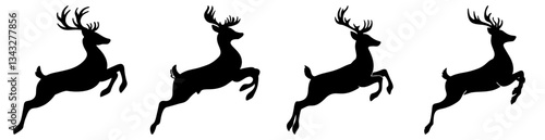 Four Silhouettes of Jumping Deer with Antlers in a Row Christmas Reindeer Illustration