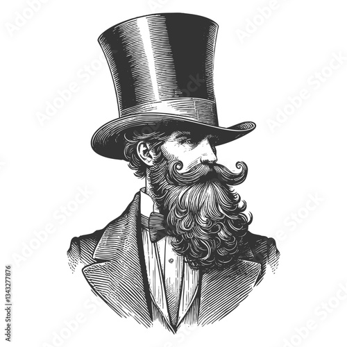 gentleman wearing an exaggeratedly tall top hat, complete with a mustache and suit sketch engraving generative ai vector illustration. Scratch board imitation. Black and white image.