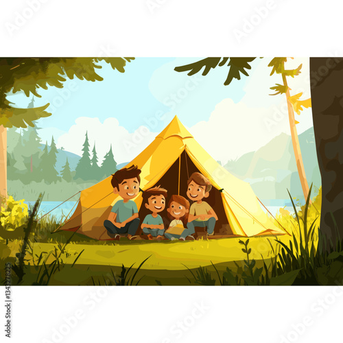 Parents and three children in a tent in the forest outdoors camping cartoon vector