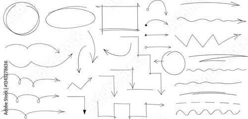 Hand drawn arrows, highlight, text underline strokes and emphasis marks. Set of Sketches of arrows, ellipse, rectangle, oval and mark. Collection of vector doodle elements and shapes for notes