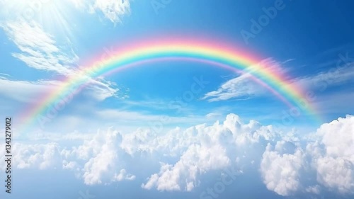 Colorful rainbow over fluffy clouds in the bright blue sky, nature concept