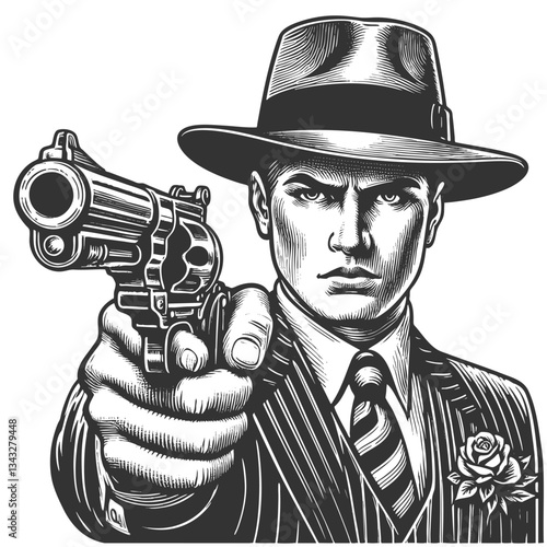 serious-faced gangster in a fedora and pinstripe suit, aiming handgun directly forward in a dramatic noir-style pose sketch engraving generative ai vector illustration. Scratch board. Black and white
