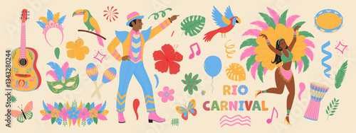 Set of Brazilian carnival elements. Masks, bird, dancing people in costume, guitar, garland. Trendy collection