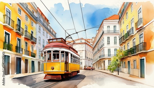 old tram lisbon portugal watercolor travel sketch lisbon cityscape portugal architecture streets of the old city