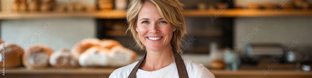 Portrait of a happy female bakery owner with a warm smile, standing, her shop forms the background. Portrait of a happy female bakery owner with a warm smile, standing, her shop forms the background.